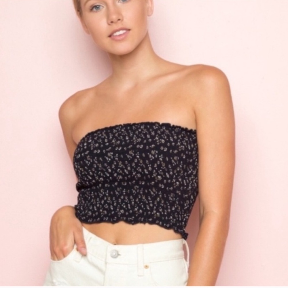 Brandy Melville Navy Floral Tube Top Lettuce Edge